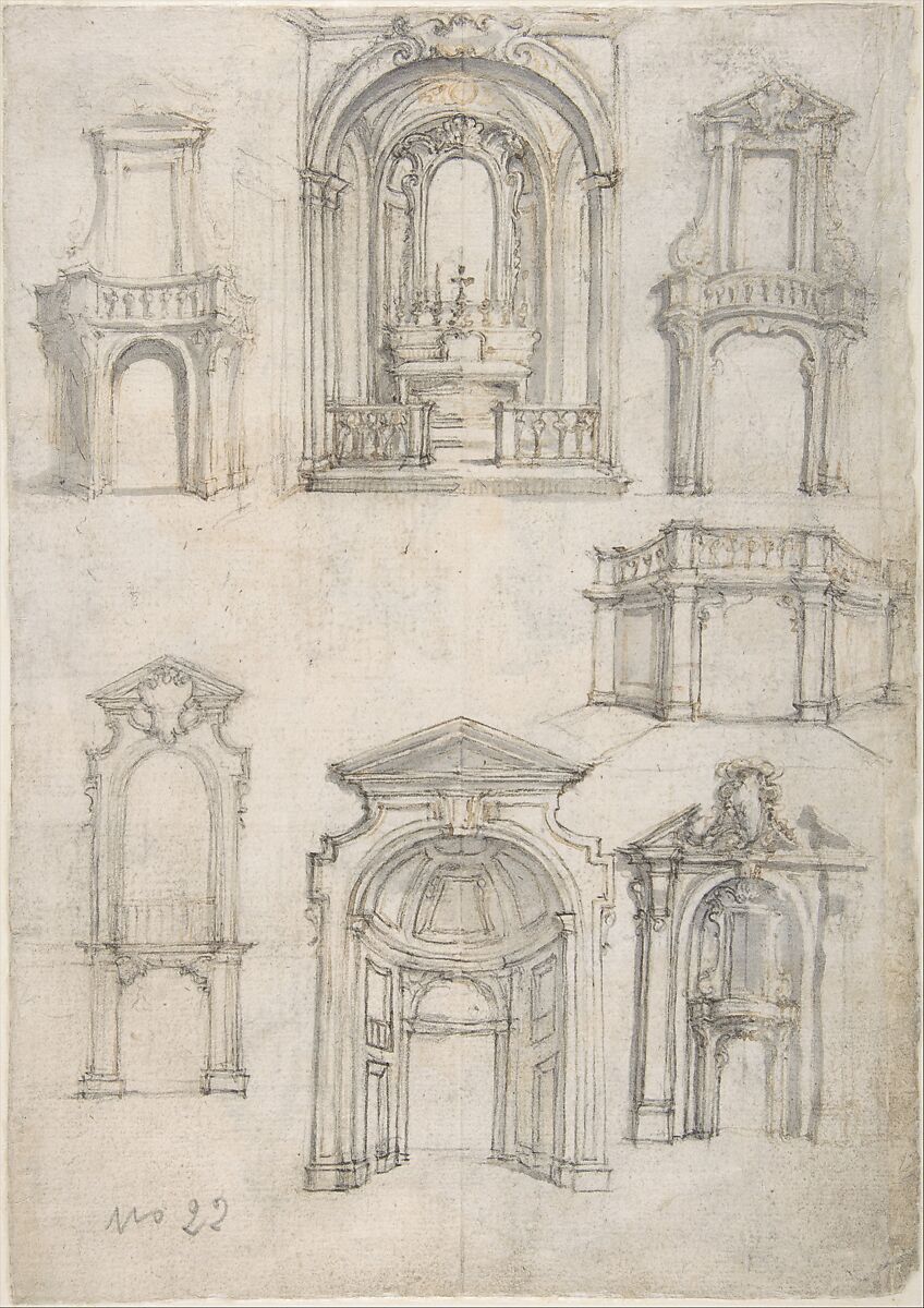 Studies for Coffee Urns, Arched-top Altars, and an Altar Project for the Baptistery of Florence Cathedral (recto); Studies for Chapels and Portals (verso), Giovanni Battista Foggini (Italian, Florence 1652–1725 Florence), Pen and light brown ink, brush and gray wash over traces of black chalk (recto and verso)