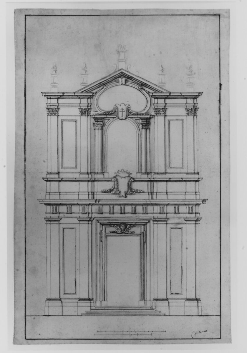 Design for the Façade of Santi Faustino e Giovita, Rome, Carlo Fontana (Italian, Bruciate near Como 1638–1714 Rome), Pen and brown ink, brush and brown and gray wash, over black chalk; the background in faint red brush and wash; brown ink border on drawing