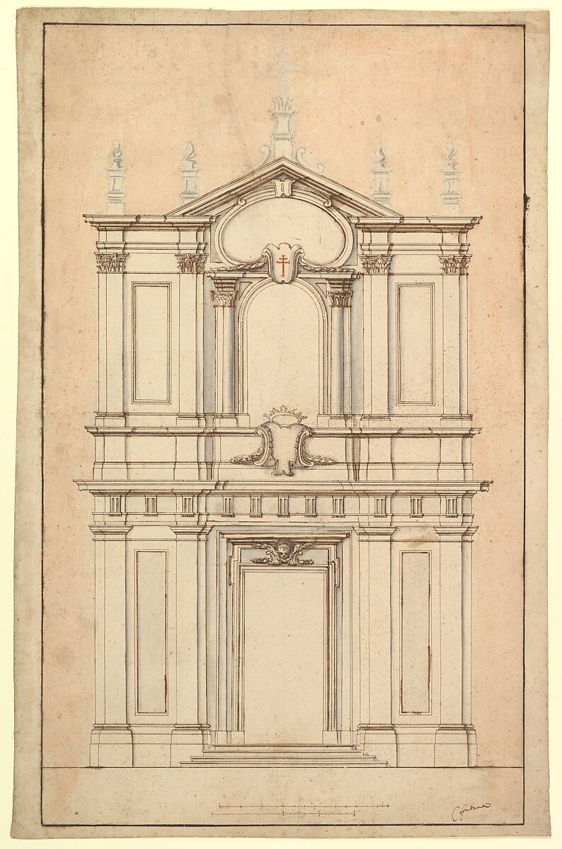Design for the Façade of Santi Faustino e Giovita, Rome, Carlo Fontana (Italian, Bruciate near Como 1638–1714 Rome), Pen and brown ink, brush and brown and gray wash, over black chalk; the background in faint red brush and wash; brown ink border on drawing 