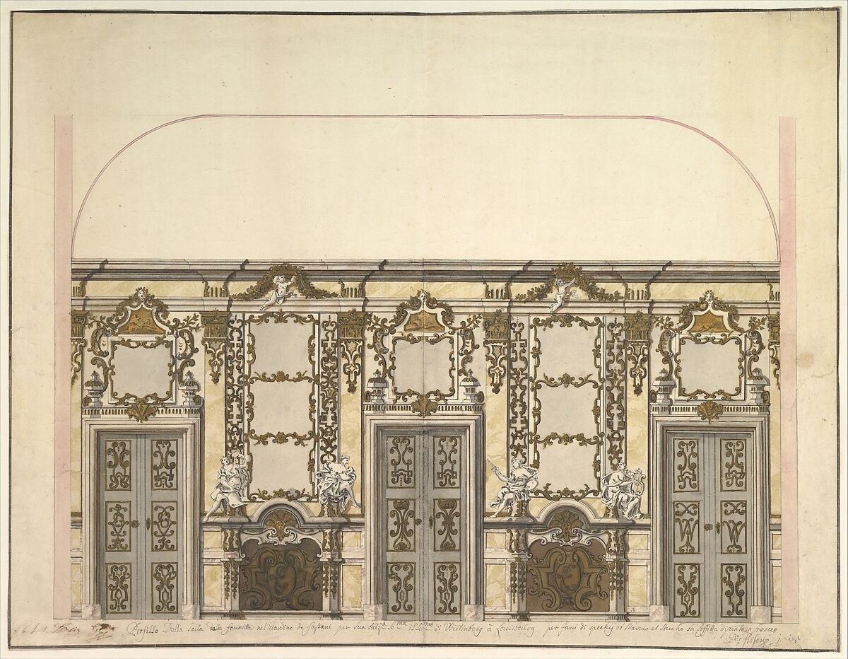 Design for the Salon of the Pleasure Pavilion, Favorita, at Ludwigsburg, 1718, Donato Giuseppe Frisoni (Italian, Laino near Como 1683–1735 Ludwigsburg), Pen with brown and gray ink, brush with gray, rose, and yellow green wash, highlighted with gold, over ruled construction; design framed with pen and brown ink outlines 