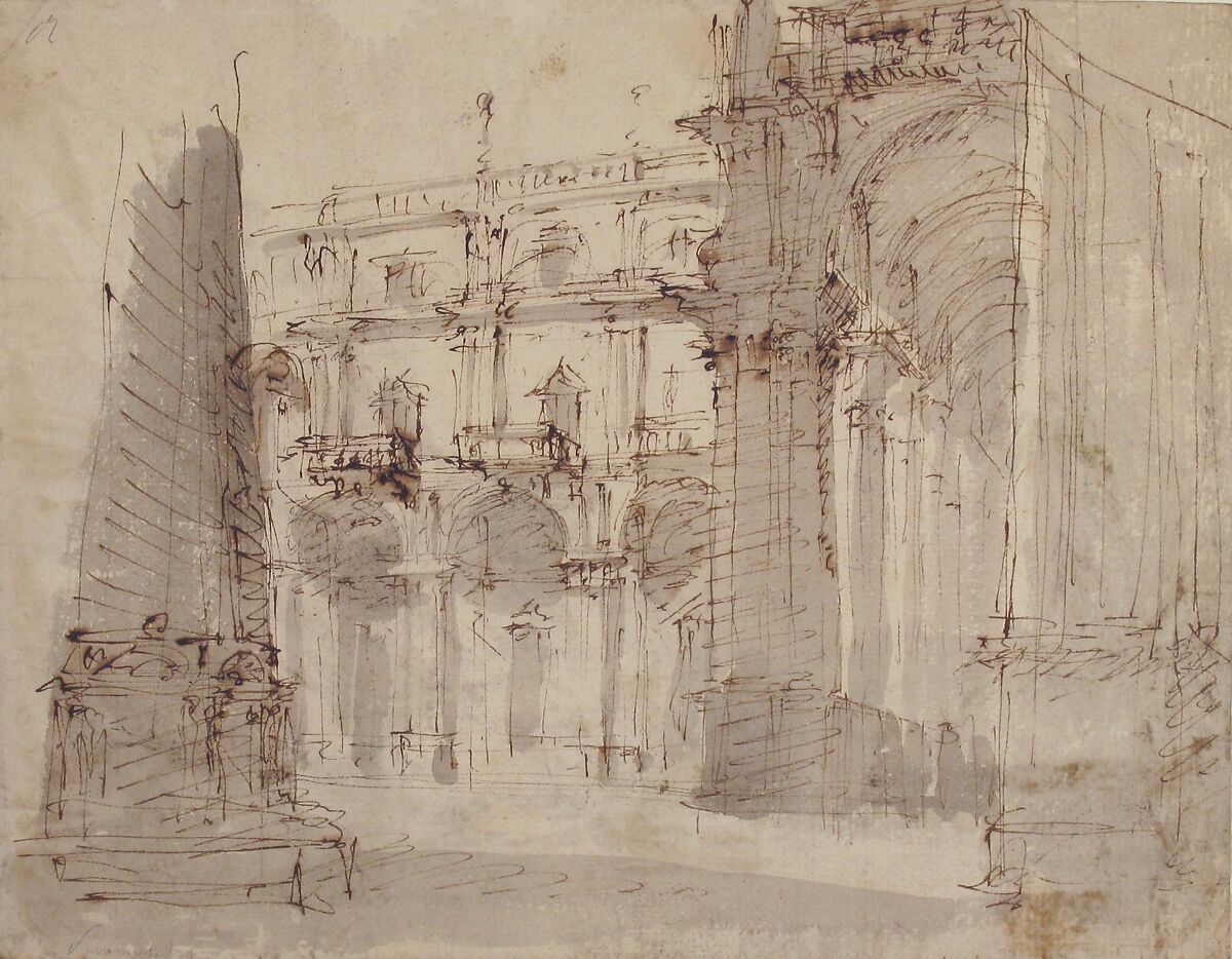 Street Scene with a Palace Façade and an Arcade, (recto) Fabrizio Galliari (Italian, Andorno 1709–1790 Treviglio), Pen and brown ink, brush and gray wash over traces of black chalk