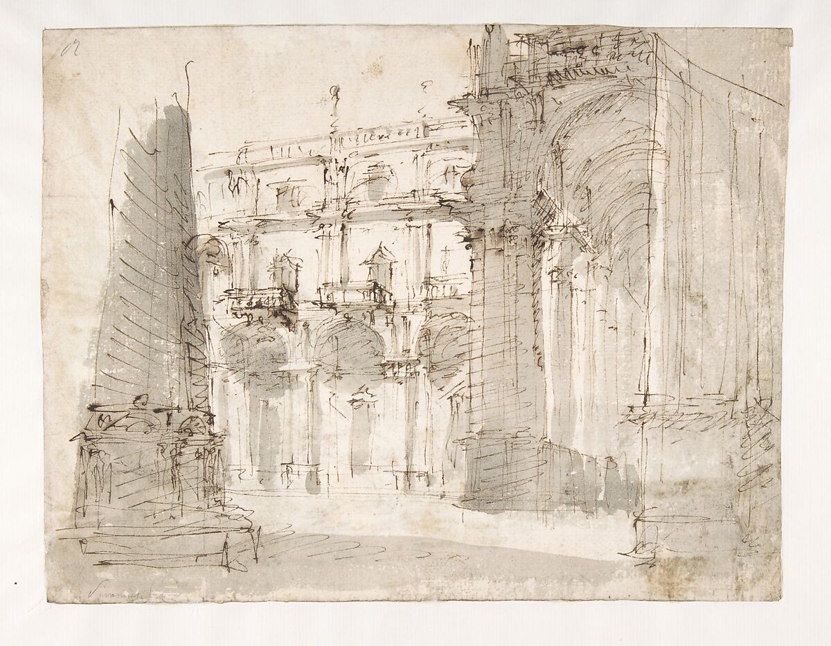 Street Scene with a Palace Façade and an Arcade, (recto) Fabrizio Galliari (Italian, Andorno 1709–1790 Treviglio), Pen and brown ink, brush and gray wash over traces of black chalk 