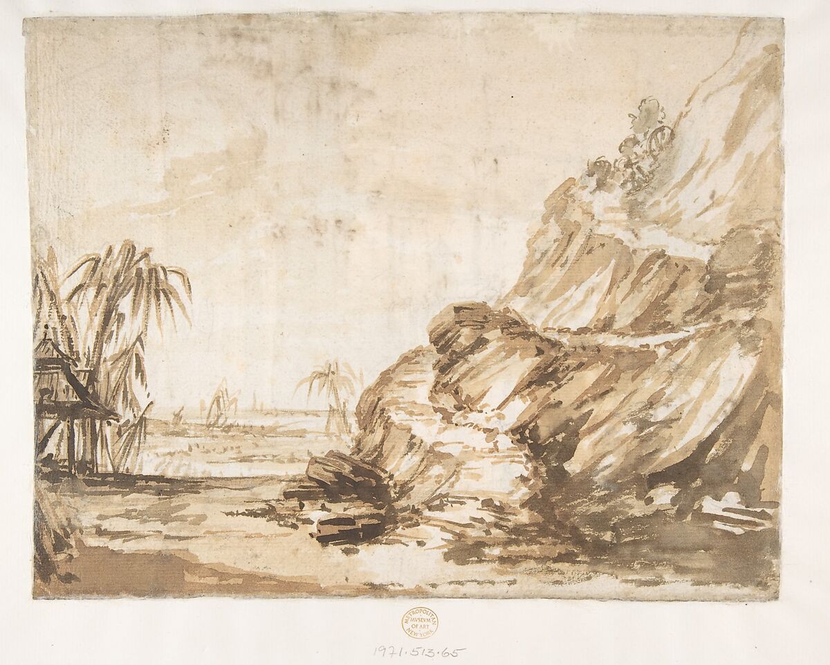 Street Scene with a Palace Façade and an Arcade, (recto) Fabrizio Galliari (Italian, Andorno 1709–1790 Treviglio), Pen and brown ink, brush and gray wash over traces of black chalk