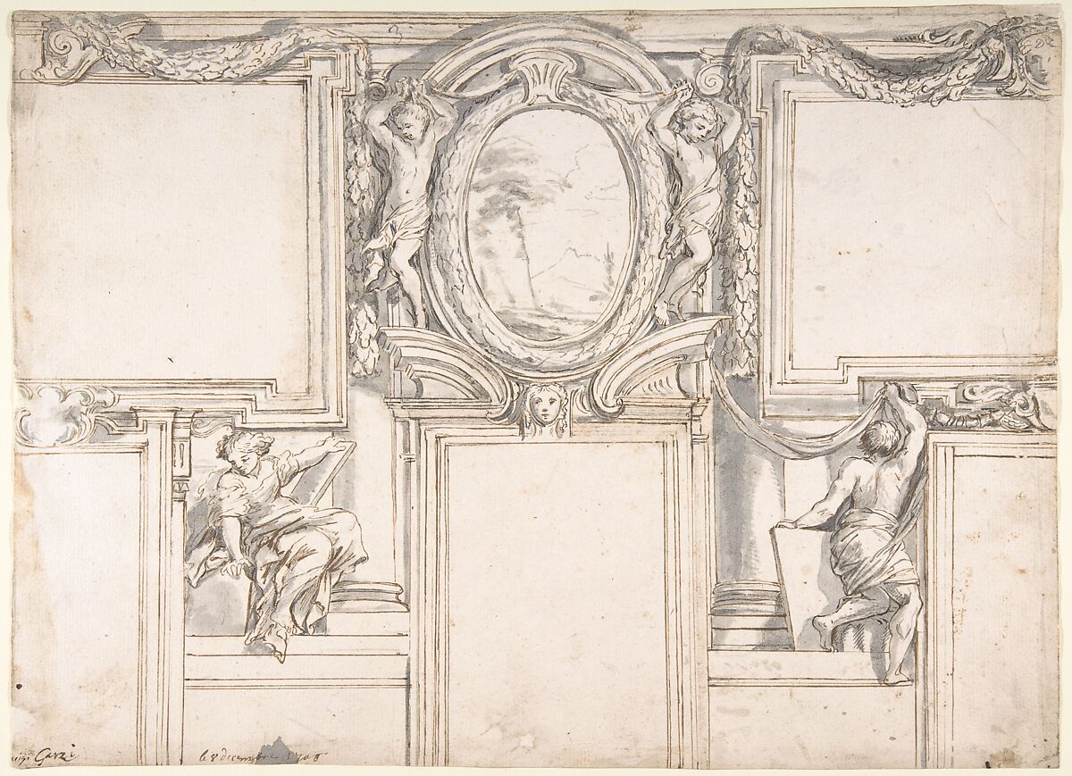 Design Wall Elevation with Stucco and Painted Decorations, Luigi Garzi (Italian, Pistoia 1638–1721 Rome), Pen and brown ink, brush and gray wash 