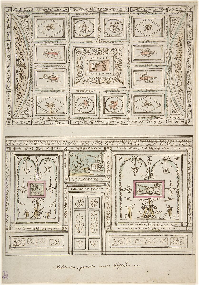 Design for the Decoration of a Wall and Ceiling of a 'Gabinetto' related to Virgil's Fourth Canto, Felice Giani (Italian, San Sebastiano Curone, near Alessandria 1758–1823 Rome), Pen and brown ink, brush and pink, yellow, orange and blue-green wash, over traces of leadpoint 