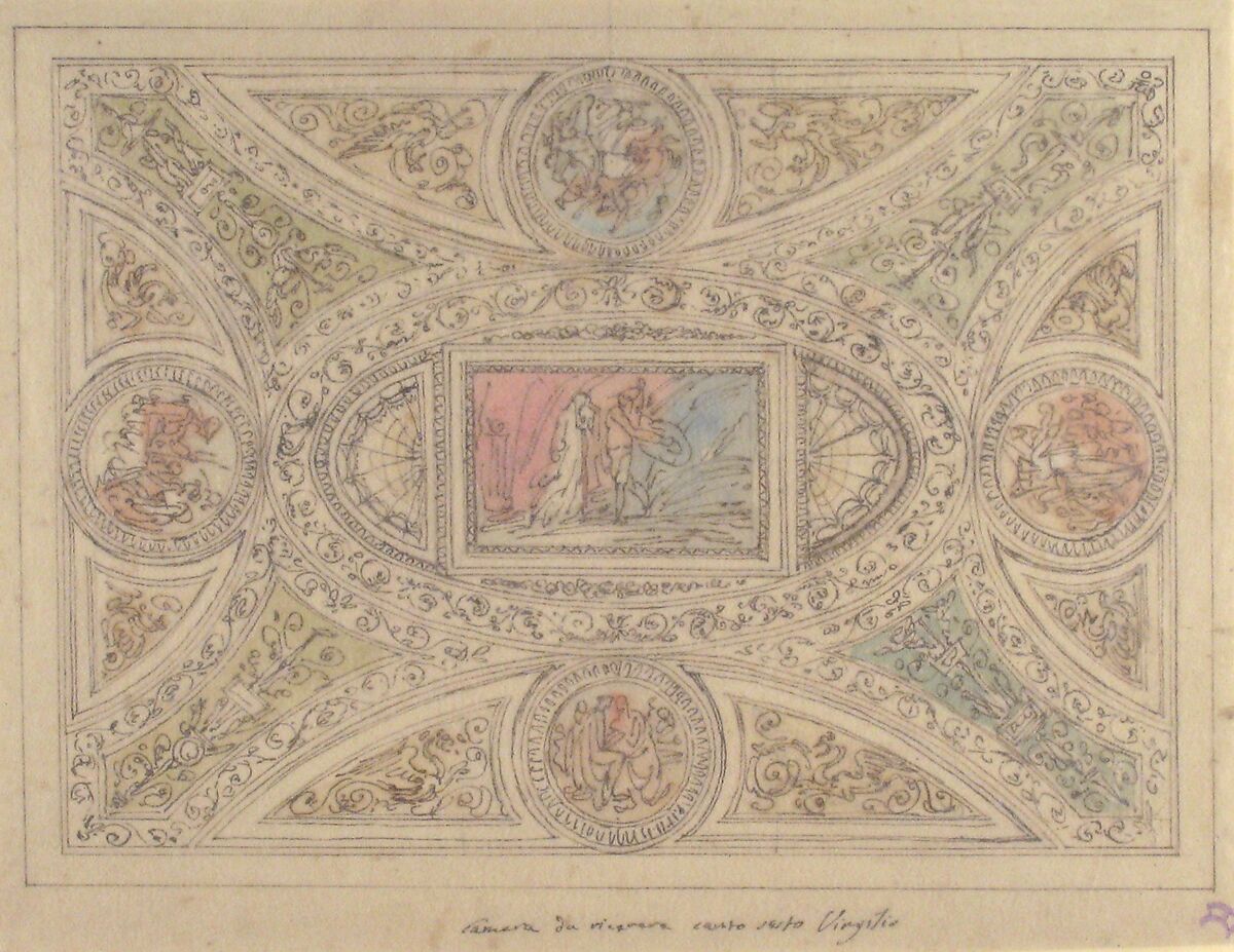Design for a Ceiling with Decoration Related to Virgil's Sixth Canto, Felice Giani (Italian, San Sebastiano Curone, near Alessandria 1758–1823 Rome), Pen and brown ink, brush and yellow, pink, blue and green wash over leadpoint; vertical line in leadpoint through the center to create the symmetry of the drawing and to other vertical lines parallels to the one on the center