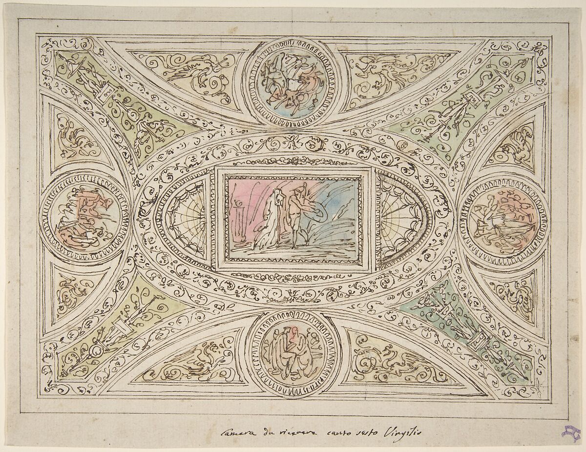 Design for a Ceiling with Decoration Related to Virgil's Sixth Canto, Felice Giani (Italian, San Sebastiano Curone, near Alessandria 1758–1823 Rome), Pen and brown ink, brush and yellow, pink, blue and green wash over traces of leadpoint; vertical line in leadpoint through the center to create the symmetry of the drawing and to other vertical lines parallels to the one on the center 