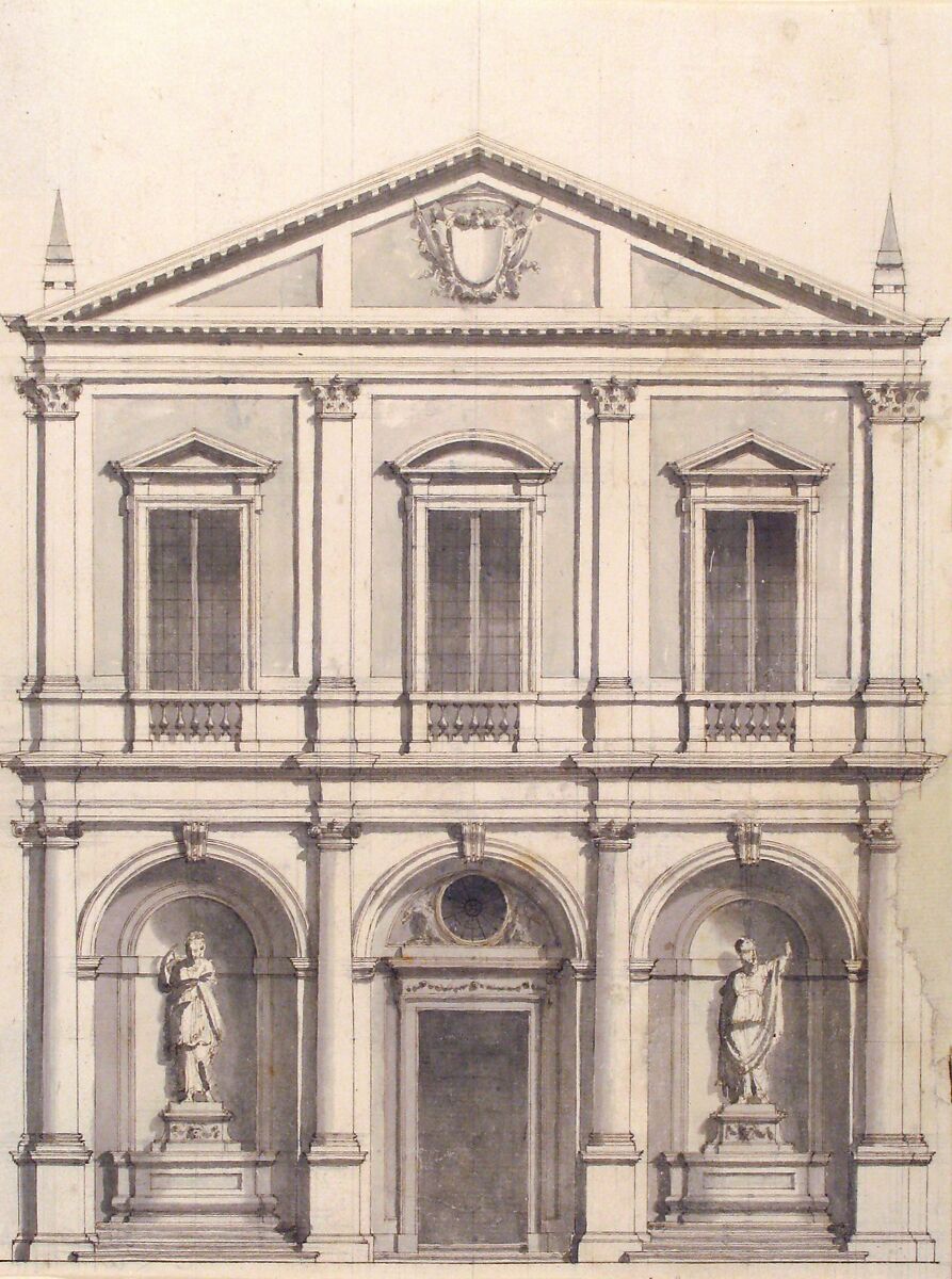 Design for a Church Façade, Giuseppe Jarmorini (Italian, Bologna 1732–1816 Bologna), Pen and brown ink, brush and gray wash, over graphite