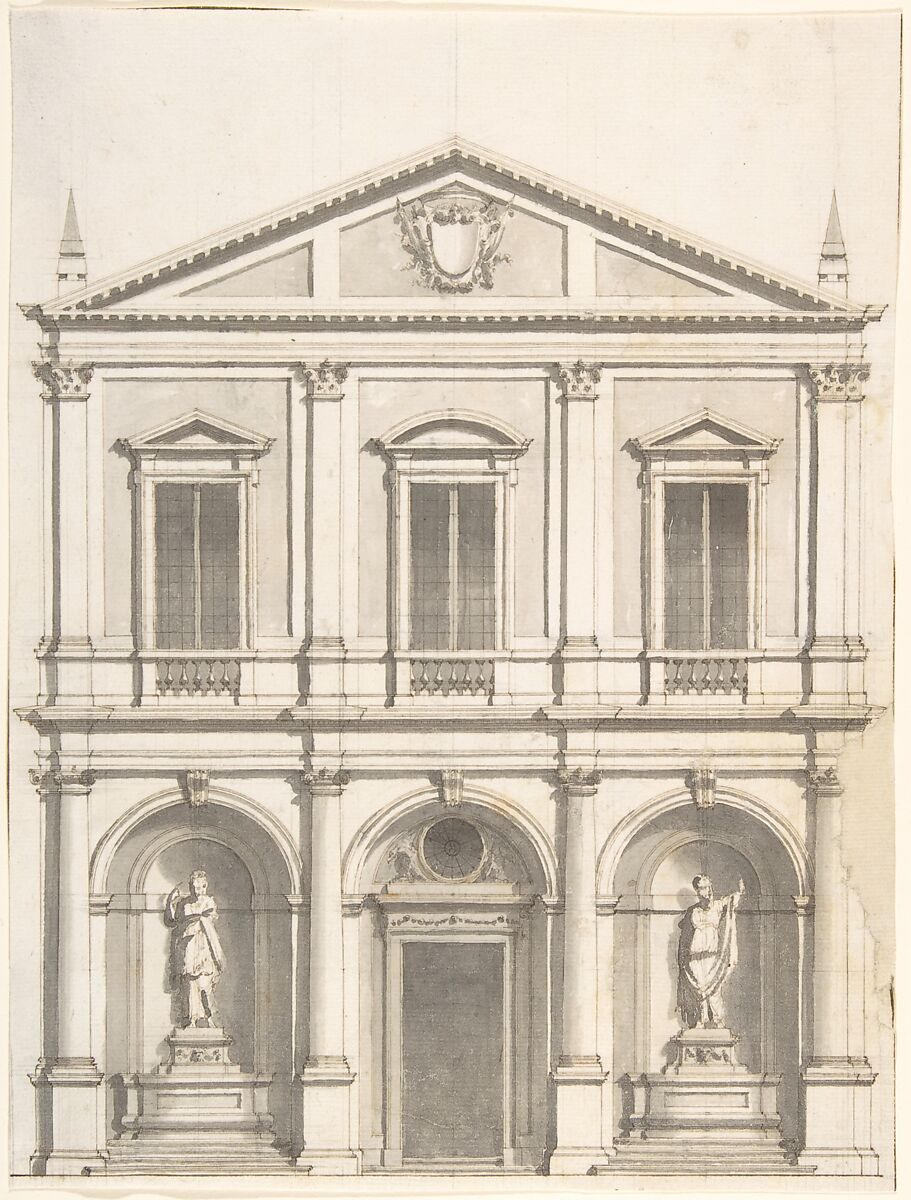 Design for a Church Façade, Giuseppe Jarmorini (Italian, Bologna 1732–1816 Bologna), Pen and brown ink, brush and gray wash, over graphite 
