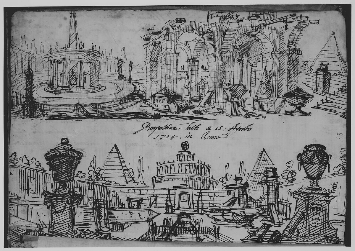 Album of Drawings, Filippo Juvarra (Italian, Messina 1678–1736 Madrid), 1)     Pen and brown ink, brush and gray wash.
2)     Pen and brown ink, over black chalk.
3)
4)     Black chalk.
5)     Pen and brown ink, over black chalk.
6)     Pen and brown ink, over black chalk.
7)     Pen and brown ink, black chalk transfer.
8)     Pen and brown ink, brush and gray wash, over black chalk.
9)     Black chalk.
10)   Black chalk.
11)   Black chalk, with pen and brown ink inscription and sketches.
12)
13)   Pen and brown ink, over traces of black chalk.
14)   Pen and brown ink.
15)   Pen and brown ink, over black chalk.
16)   Black chalk.
17)   Pen and brown ink, over black chalk.
18)   
19)   Black chalk.
20)   Black chalk.
21)   Black chalk, with some strengthening in pen and brown ink.
22)  
23)   Black chalk. 
24)   Black chalk.
25)   Black chalk.
26)   Black chalk.
27)   Black chalk.
28)   Black chalk.
29)   Black chalk.
30)   Black chalk.
31)   Black chalk.
32)   Black chalk.
33)   Black chalk.
34)   Black chalk.
35)   Black chalk.
36)   Black chalk.
37)   Black chalk.
38)   Black chalk.
39)   Black chalk.
40) 
41)
42)
43)
44)
45)
46)
47)
48)
49)
50)
51)    Black chalk, pen and brown ink.
52) 
53)    Black chalk, pen and brown ink.
54)
55)    Pen and brown ink, brush and wash, over black chalk.
56)
57)    Pen and brown ink, brush and wash, over black chalk.
58)    Pen and brown ink.
59)    Pen and brown ink, over black chalk.
60)    Pen and brown ink, over black chalk.
61)    Brush and gray wash, over black chalk on lightweight paper.
62)    
63)    Black chalk.
64)    
65)    Black chalk.
66)    Pen and brown ink, over black chalk.
67)    Pen and brown ink, brush and gray wash, over black chalk.
68)    Pen and brown ink, brush and two tones of gray wash, over black chalk.
69)    Pen and brown ink, brush and two tones of brown wash, over black chalk.
70)    Pen and brown ink.
71)    Black chalk.
72)
73)    Pen and brown ink, over black chalk.
74)    
75)    Pen and brown ink, brush and gray wash, over black chalk.
76)    Black chalk, pen and brown ink.
77)    Pen and brown ink, brush and gray wash, over black chalk.
78)    Pen and brown ink.
79)    Pen and brown ink, over black chalk.
80)    
81)    Pen and brown ink, over black chalk.
82)    
83)    Pen and brown ink, over black chalk.
84)
85)    Pen and brown ink, over black chalk.
86)
87)    Pen and brown ink, over black chalk.
88)
89)    Black chalk.
90)  
91)
92)    Black chalk.
93)    Pen and brown ink, over black chalk.
94)    Pen and brown ink, over black chalk.
95)    Pen and brown ink, over black chalk.
96)    
97)    Pen and brown ink, over black chalk.
98)    Pen and brown ink, over black chalk.
99)    Pen and brown ink, over black chalk.
100)
101)  Pen and brown ink, over black chalk.
102)  
103)  Black chalk.
104)  Pen and brown ink, over black chalk.
105)  Pen and brown ink, over black chalk.
106)  Pen and brown ink, over black chalk.
107)  Pen and brown ink, over black chalk.
108)
109)  Pen and brown ink, over black chalk.
110)  Pen and brown ink, over black chalk.
111)  Pen and brown ink, over black chalk.
112)  
113)  Pen and brown ink, over black chalk.
114)
115)  Black chalk.
116)  Pen and brown ink.
117)  Pen and brown ink, over black chalk.
118)  Pen and brown ink.
119)  Pen and brown ink, over black chalk.
120)  Pen and brown ink.
121)  Pen and brown ink.
122)  Pen and brown ink, over black chalk.
123)  Pen and brown ink, over black chalk.
124)  
125)  Pen and brown ink, brush and brown wash, over black chalk.
126)  Pen and brown ink.
127)  Pen and brown ink, over black chalk.
128)  1) Pen and brown ink.
         2) Black chalk.
129)  Pen and brown ink, over black chalk.
130)  
131)  Black chalk.
132)  
133)  Black chalk.
134)  Pen and brown ink, over black chalk.
135)  Pen and brown ink, over black chalk.
136)  Pen and brown ink, over black chalk.
137)  Pen and brown ink, brush and brown wash, over black chalk.
138)
139)  Pen and brown ink, over black chalk.
140)  
141)  
142)
143)  Pen and brown ink, over black chalk.
144)  
145)  Pen and brown ink, over black chalk.
146)  Black chalk.
147)  Pen and brown ink, brush and brown wash, over black chalk.
148)
149)  Pen and brown ink, over black chalk.
150)
151)  Pen and brown ink, over black chalk.
152)  
153)  Pen and brown ink, brush and brown wash, over black chalk.
154)  
155)  Pen and brown ink, over black chalk.
156)  Black chalk.
157)  Pen and brown ink, over black chalk.
158)  
159)  Pen and brown ink, brush and brown wash, over black chalk. 
160)  Black chalk.
161)  Black chalk.
162)
163)  Pen and brown ink.
164)  Pen and brown ink, over black chalk.
165)  Pen and brown ink, brush and brown wash, over black chalk.
166)  Pen and brown ink, over black chalk.
167)  Pen and brown ink, over black chalk.
168)
169)  Pen and brown ink, over black chalk.
170)  1)  Pen and brown ink.
         2)  Pen and brown ink.
         3)  Black chalk.
171)  Pen and brown ink.
172)  1)  Pen and brown ink.
         2)  Pen and brown ink, brush and brown wash.
173)  Pen and brown ink, over black chalk.
174)  Pen and brown ink, over black chalk.
175)  Pen and brown ink, brush and brown wash, over black chalk.
176)  
177)  Pen and brown ink, over black chalk.
178)
179)  Pen and brown ink, over black chalk.
180)
181)  Pen and brown ink, over black chalk.
182)  Black chalk.
183)  Pen and brown ink, over black chalk.
184)
185)  Pen and brown ink, over black chalk.
186)  
187)  Pen and brown ink, over black chalk.
188)
189)  Pen and brown ink, over black chalk.
190)  Black chalk.
191)  Black chalk.
192)  Pen and brown ink, over black chalk.
193)  
194)  Pen and brown ink, over black chalk.
195)  Black chalk, with a small remaining portion of a sketch in pen and brown ink.
196)  Pen and brown ink, over black chalk.
197)  Pen and brown ink, over black chalk.
198)  Black chalk.
199)  Pen and brown ink, over black chalk.
200)  
201)  Black chalk.
202)
203)  Pen and brown ink, brush and brown wash, over black chalk.
204)  
205)  Pen and brown ink, brush and brown wash, over black chalk.
206)  
207)  Pen and brown ink, over black chalk.
208)
209)  Pen and brown ink, brush and brown wash, over black chalk.
210)  
211)  Pen and brown ink, over black chalk.
212)
213)  Pen and brown ink, brush and brown wash, over black chalk.
214)  
215)  
216)  Black chalk, brush and brown wash.
217)  Pen and brown ink, brush and brown wash, over black chalk.
218)  Brush and gray wash, over black chalk.
219)  Pen and brown ink, brush and brown wash, over black chalk.
220)  Black chalk.
221)  Pen and brown ink, brush and brown wash, over black chalk.
222)  Pen and brown ink.
223)  Pen and brown ink, over black chalk.
224)  Pen and brown ink, over black chalk.
225)  Pen and brown ink, brush and brown wash, over black chalk.
226)  Black chalk.
227)  Pen and brown ink, over black chalk.
228)  Pen and brown ink, over black chalk.
229)  Pen and brown ink.
230)  Pen and brown ink, over black chalk.
231)  Pen and brown ink, over black chalk.
232)  
233)  Black chalk.
234)  Pen and brown ink.
235)  Pen and brown ink, over black chalk.
236)  
237)  Black chalk.
238)  Pen and brown ink, over black chalk.
239)  Pen and brown ink, over black chalk.
240)  Black chalk, brush and gray wash.
241)  Black chalk, brush and gray wash.
242)  Black chalk, brush and gray wash.
243)  Pen and brown ink, over black chalk.
244)  
245)  Pen and brown ink, brush and brown wash, over black chalk.
246)  Pen and brown ink, over black chalk.
247)  Pen and brown ink, over black chalk.
248)  Pen and brown ink, over black chalk.
249)  Pen and brown ink, brush and brown wash, over black chalk.
250)