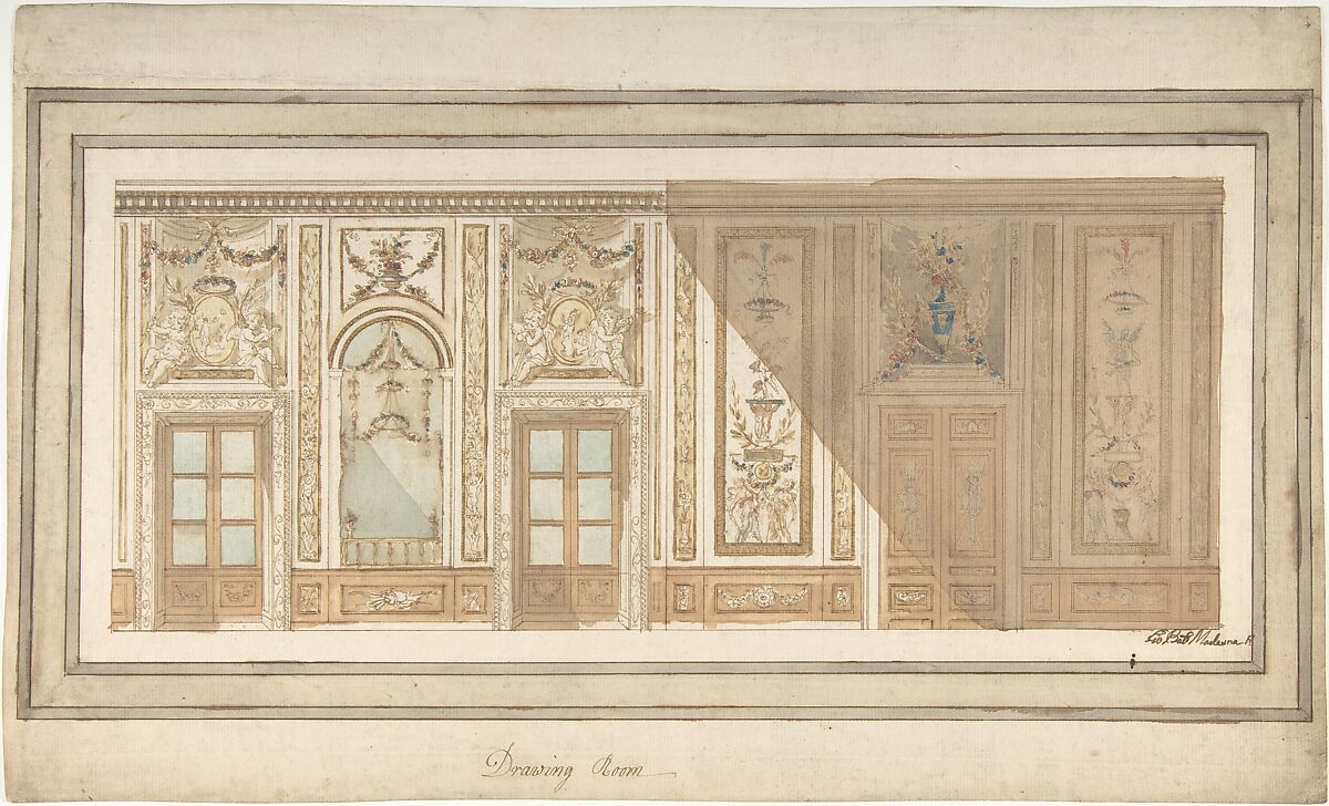 Design for Decoration of a Drawing Room, Giovanni Battista Maderna (Italian, Verona 1758–1803 Stockholm), Pen and brown ink, brush and brown and colored wash 