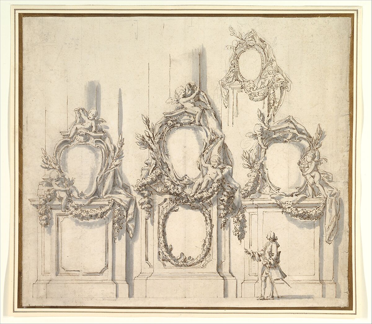 Design for Festival Decorations on the Bases of Piers, Carlo Marchionni (Italian, Rome 1702–1786 Rome), Pen and brown ink, brush and gray wash, over black chalk 