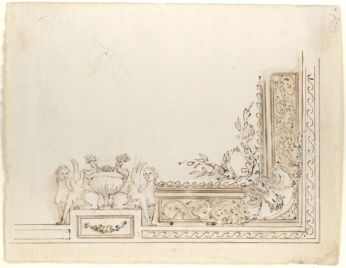 Design for One-Quarter of a Ceiling Decoration, Workshop of Leonardo Marini (Italian, Piedmontese documented ca. 1730–after 1797), Pen and brown ink, brush and brown wash, over graphite, with ruled and compass construction