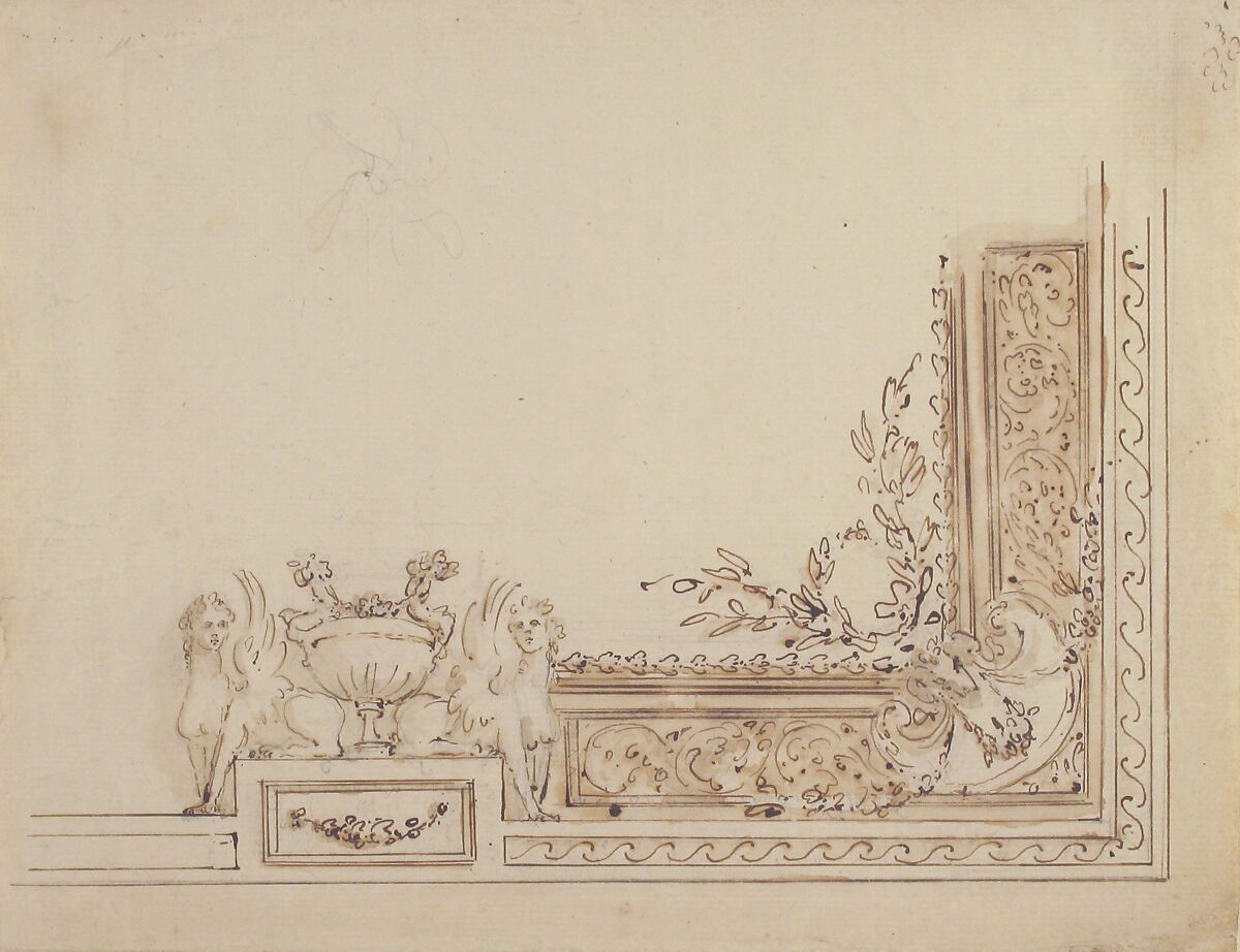 Design for One-Quarter of a Ceiling Decoration, Workshop of Leonardo Marini (Italian, Piedmontese documented ca. 1730–after 1797), Pen and brown ink, brush and brown wash, over graphite, with ruled and compass construction