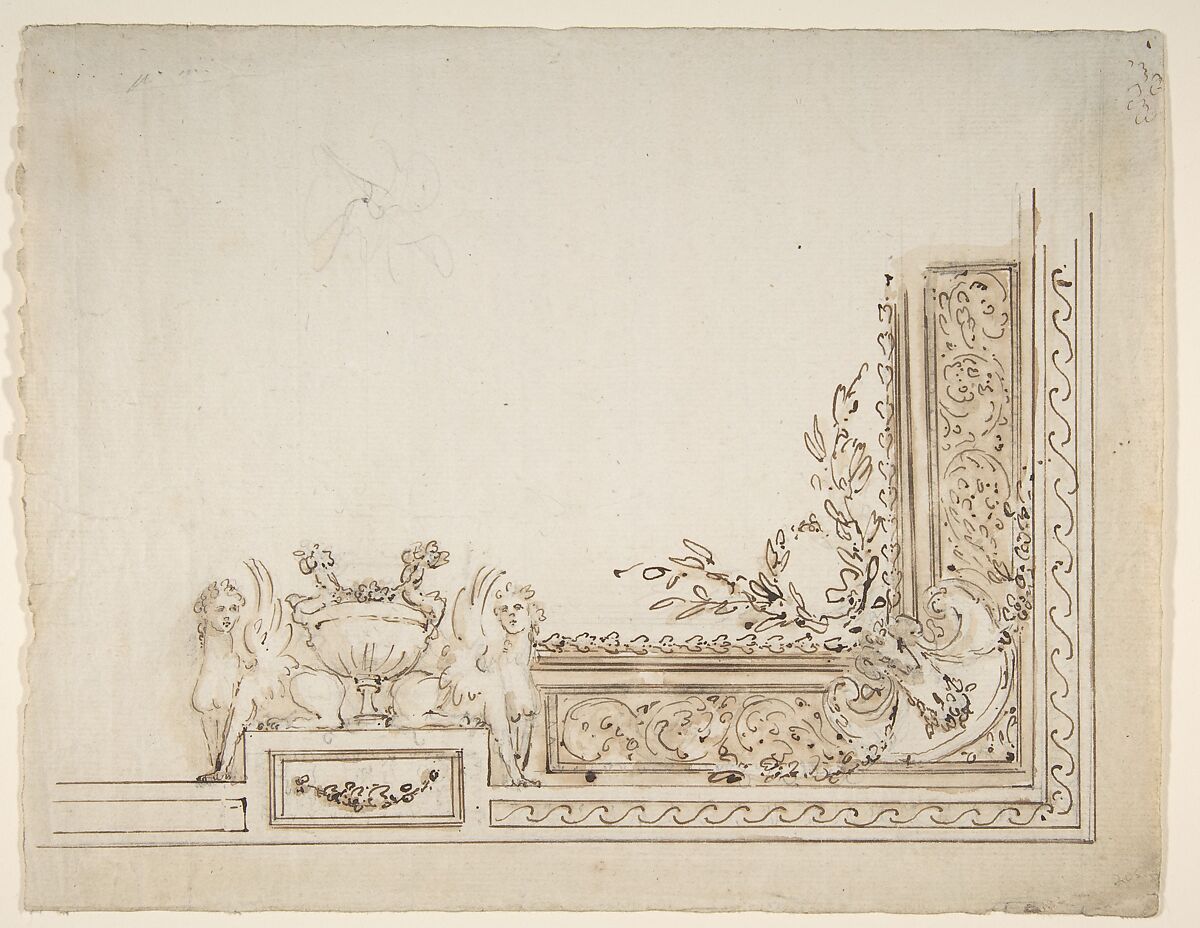 Design for One-Quarter of a Ceiling Decoration, Workshop of Leonardo Marini (Italian, Piedmontese documented ca. 1730–after 1797), Pen and brown ink, brush and brown wash, over graphite, with ruled and compass construction 