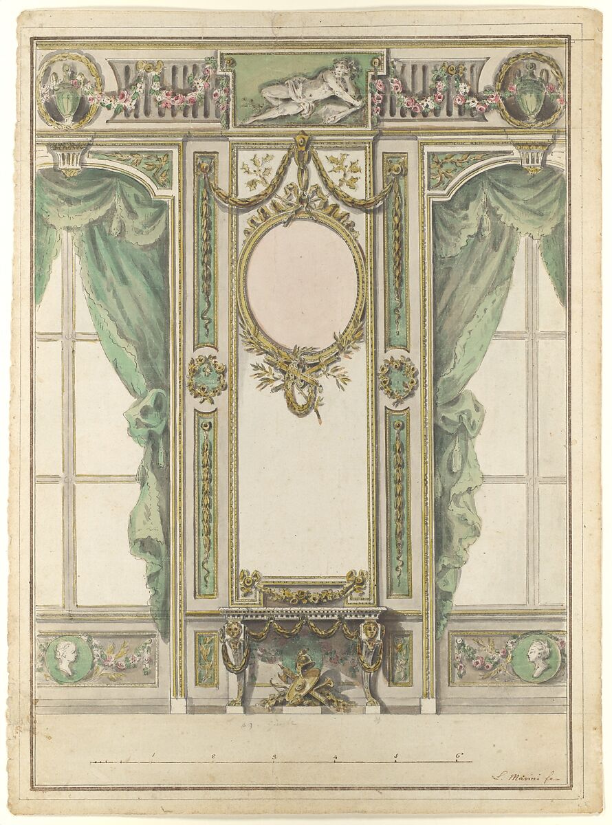 Design for a Palace Interior, Workshop of Leonardo Marini (Italian, Piedmontese documented ca. 1730–after 1797), Pen and brown ink, brush with gray, green, yellow, and red wash, over leadpoint
