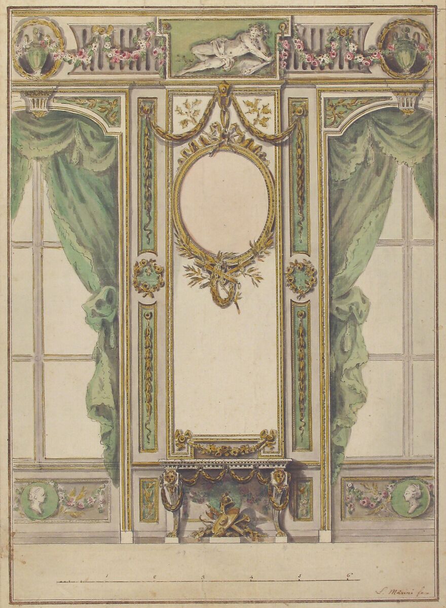 Design for a Palace Interior, Workshop of Leonardo Marini (Italian, Piedmontese documented ca. 1730–after 1797), Pen and brown ink, brush with gray, green, yellow, and red wash, over leadpoint
