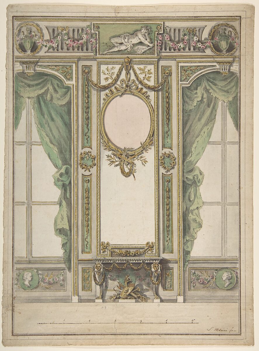 Design for a Palace Interior, Workshop of Leonardo Marini (Italian, Piedmontese documented ca. 1730–after 1797), Pen and brown ink, brush with gray, green, yellow, and red wash, over leadpoint 