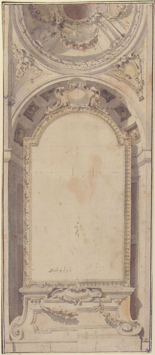 Architectural Design with an Altarpiece Framed in a Niche and Surmounted by a Dome, Flaminio Innocenzo Minozzi (Italian, Bologna 1735–1817 Bologna), Pen and brown ink, brush and brown, gray, yellow, and rose wash, with a vertical line in leadpoint (in half part of the drawing) through the center to create the symmetry