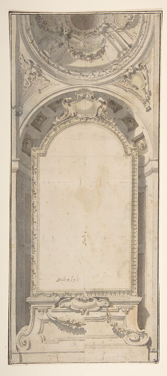 Architectural Design with an Altarpiece Framed in a Niche and Surmounted by a Dome, Flaminio Innocenzo Minozzi (Italian, Bologna 1735–1817 Bologna), Pen and brown ink, brush and brown, gray, yellow, and rose wash, with a vertical line in leadpoint (in half part of the drawing) through the center to create the symmetry 
