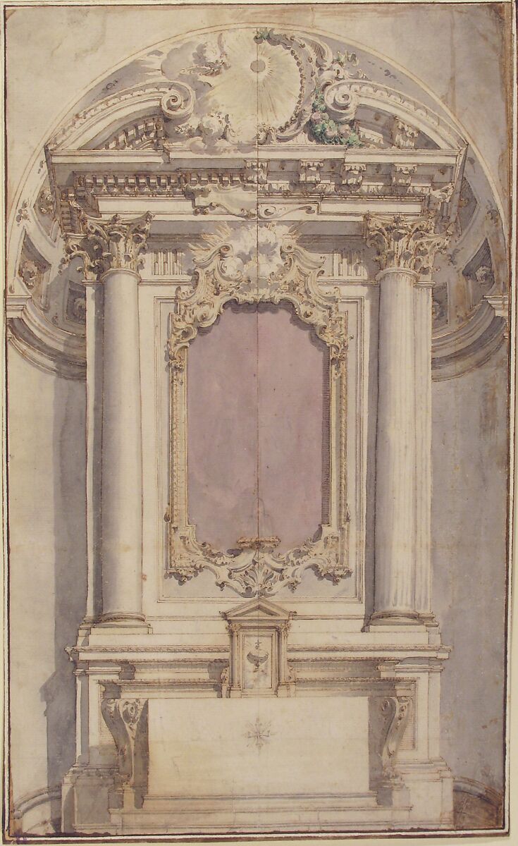 Designs for an Altar in a Niche, Flaminio Innocenzo Minozzi (Italian, Bologna 1735–1817 Bologna), Pen and brown ink, brush and brown, gray, purple-gray and green wash, over leadpoint; vertical line in leadpoint and pen and brown ink through the center of the drawing to create the symmetry