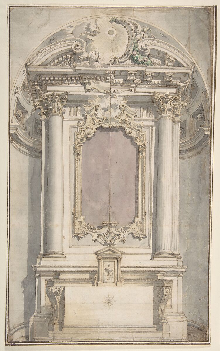 Designs for an Altar in a Niche, Flaminio Innocenzo Minozzi (Italian, Bologna 1735–1817 Bologna), Pen and brown ink, brush and brown, gray, purple-gray and green wash, over traces of leadpoint; vertical line in leadpoint and pen and brown ink through the center of the drawing to create the symmetry 