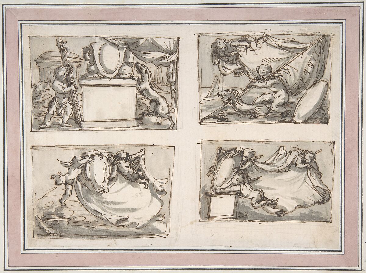 Four Sketches of Putti Hanging Coat of Arms, Carlo Marchionni (Italian, Rome 1702–1786 Rome), Pen and brown ink, brush and gray wash over leadpoint 
