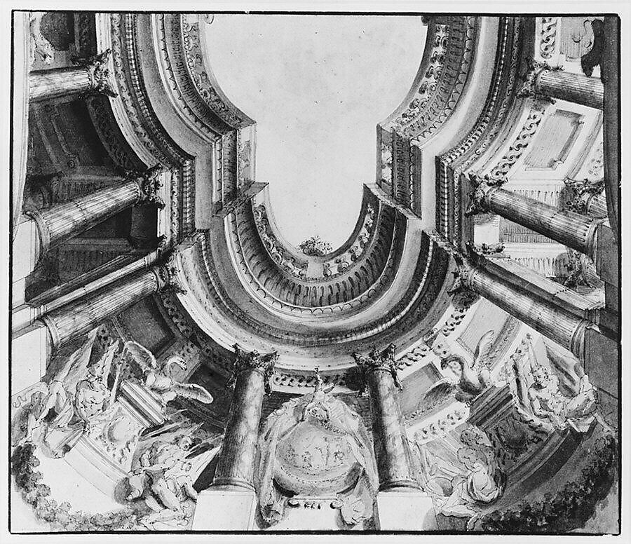 Design for a Trompe L'Oeil Ceiling, Attributed to Flaminio Innocenzo Minozzi (Italian, Bologna 1735–1817 Bologna), Pen and brown ink, brush and brown, gray, rose, green and blue wash, over traces of black chalk or leadpoint