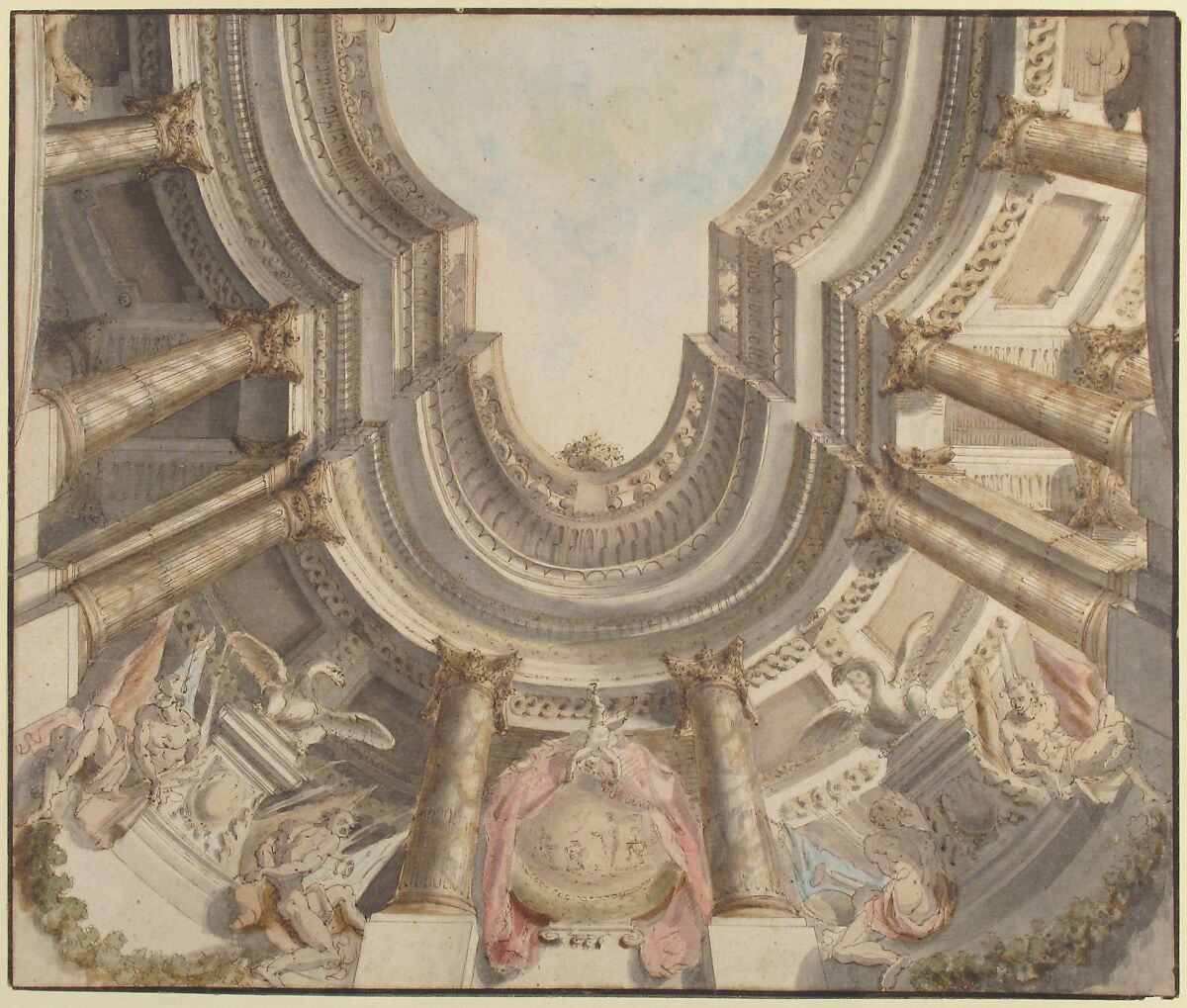 Design for a Trompe L'Oeil Ceiling, Attributed to Flaminio Innocenzo Minozzi (Italian, Bologna 1735–1817 Bologna), Pen and brown ink, brush and brown, gray, rose, green and blue wash, over traces of black chalk or leadpoint