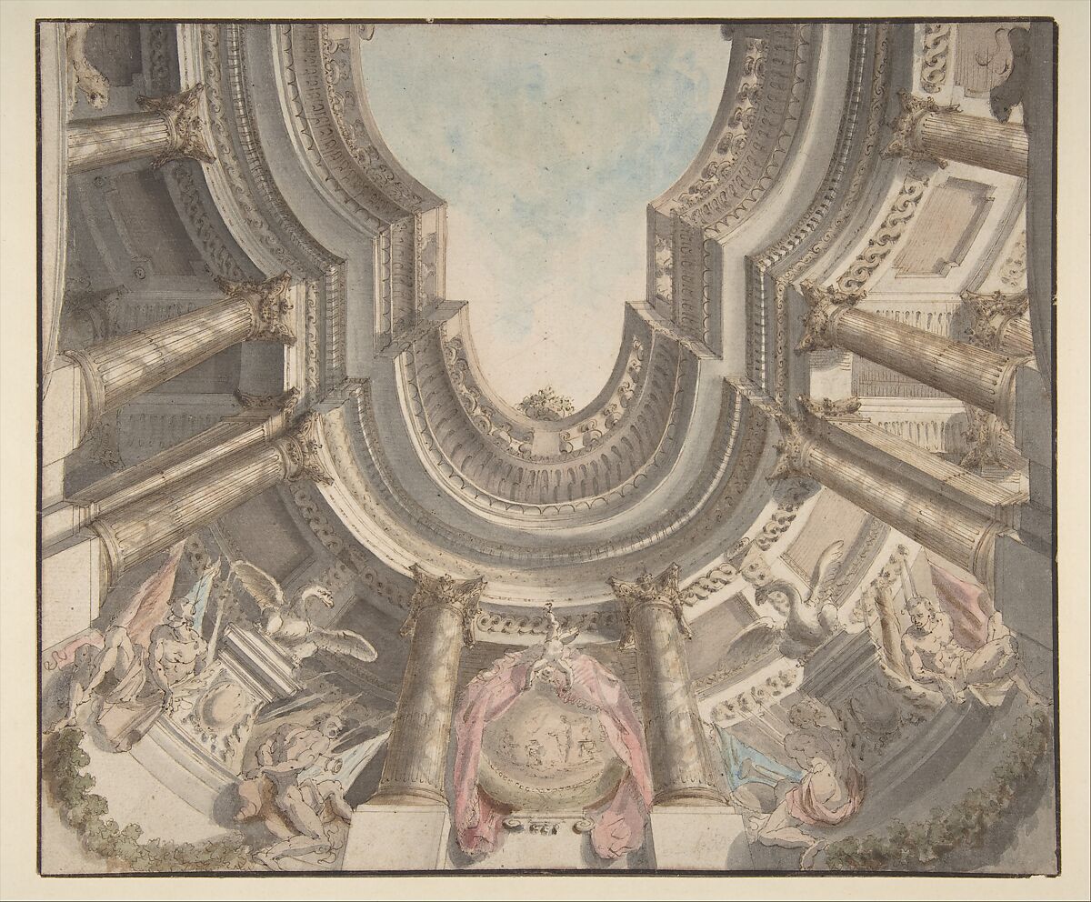 Design for a Trompe L'Oeil Ceiling, Attributed to Flaminio Innocenzo Minozzi (Italian, Bologna 1735–1817 Bologna), Pen and brown ink, brush and brown, gray, rose, green and blue wash, over traces of black chalk or leadpoint 