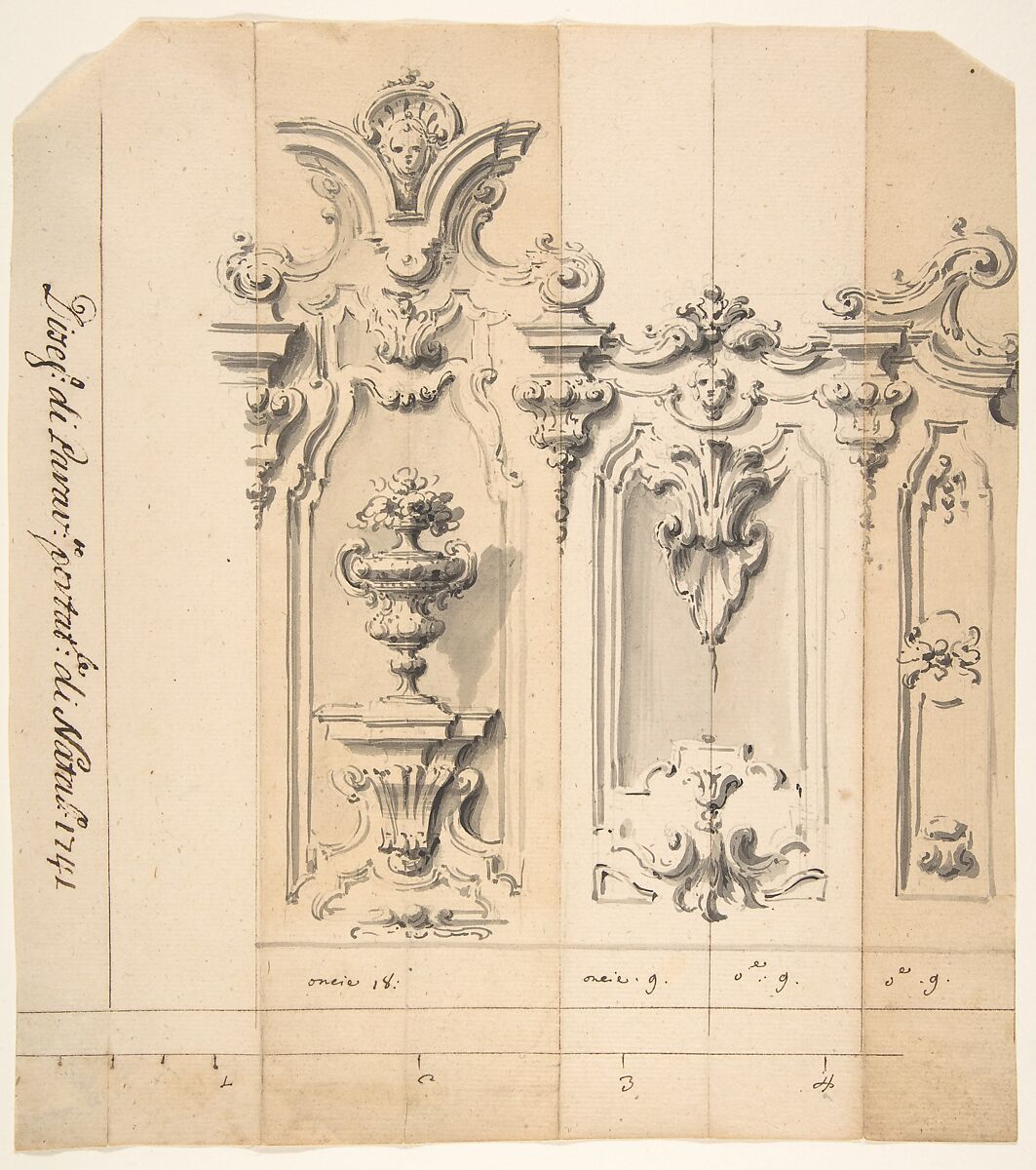 Design for a Portable Screen, Giovanni Battista Natali III (Italian, Pontremoli, Tuscany 1698–1765 Naples), Pen and brown ink, brush and gray wash, over traces of graphite or black chalk 