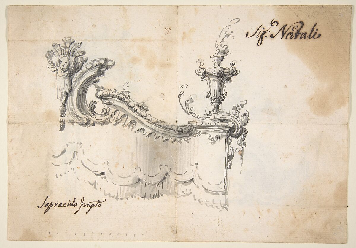 Design for a Canopy (recto).  Design for an Armchair (verso), Giovanni Battista Natali III (Italian, Pontremoli, Tuscany 1698–1765 Naples), Pen and ink, brush and gray wash 