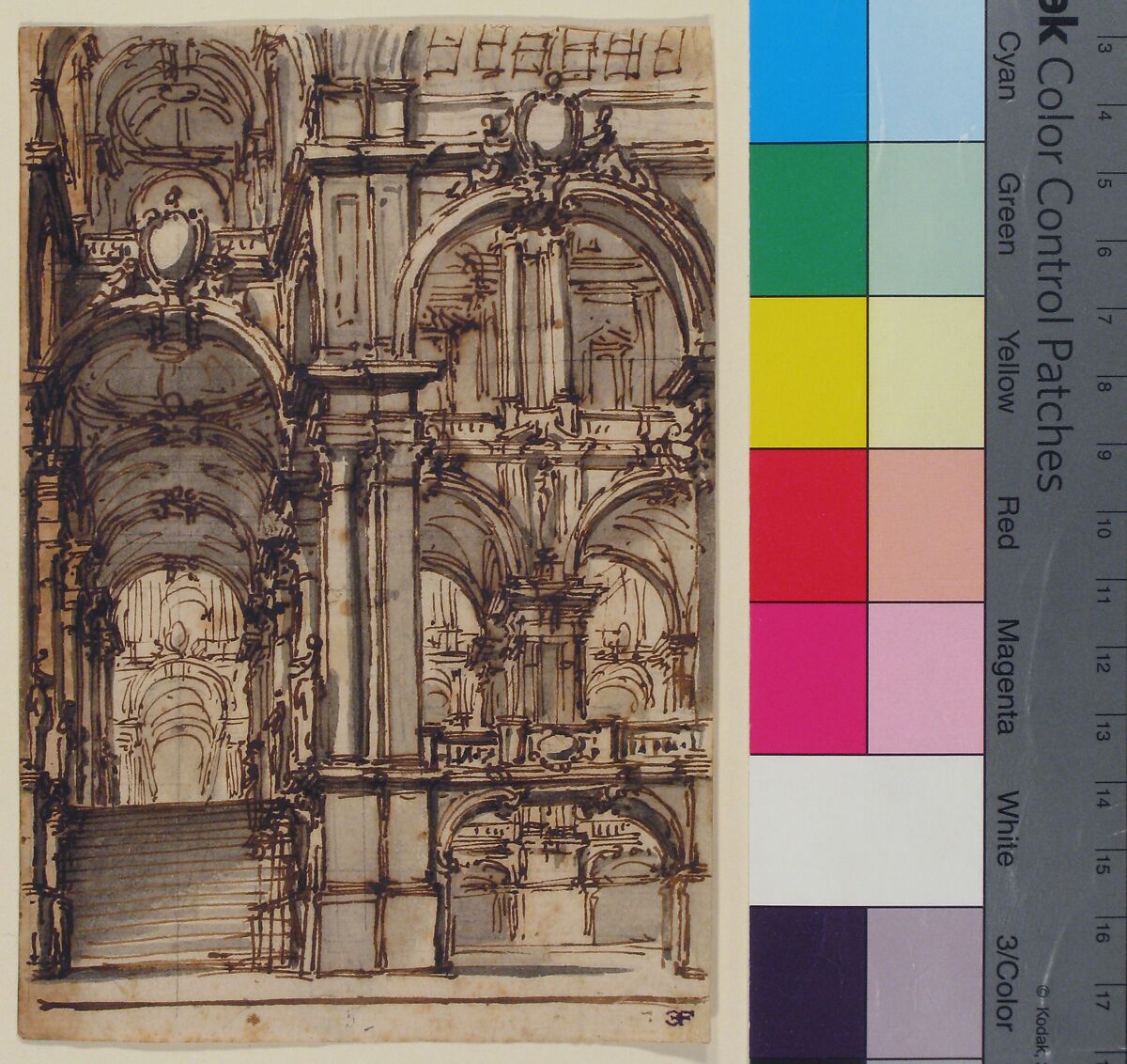 Design for a Stage Set:  Stairway and Arcades Leading to a Salone, Giovanni Battista Natali III (Italian, Pontremoli, Tuscany 1698–1765 Naples), Pen and brown ink, brush with brown and gray wash, over graphite or black chalk