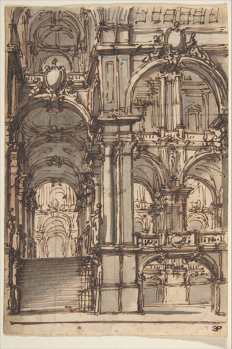 Design for a Stage Set:  Stairway and Arcades Leading to a Salone, Giovanni Battista Natali III (Italian, Pontremoli, Tuscany 1698–1765 Naples), Pen and brown ink, brush with brown and gray wash, over graphite or black chalk 