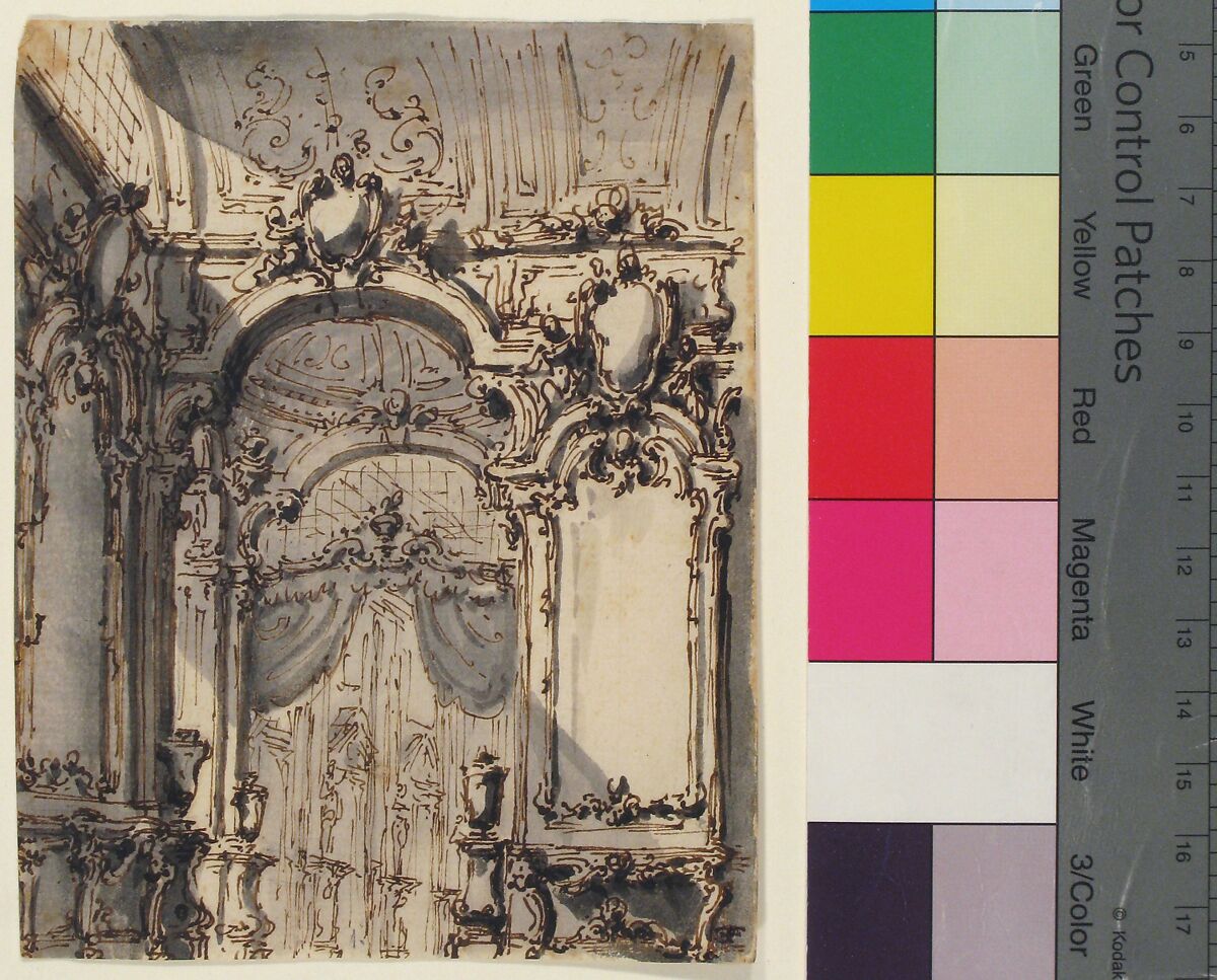 Design for a Stage Set:  Interior of a Palazzo Decorated with Large Mirrors and Console Tables, Giovanni Battista Natali III (Italian, Pontremoli, Tuscany 1698–1765 Naples), Pen and brown ink, brush with brown and gray wash