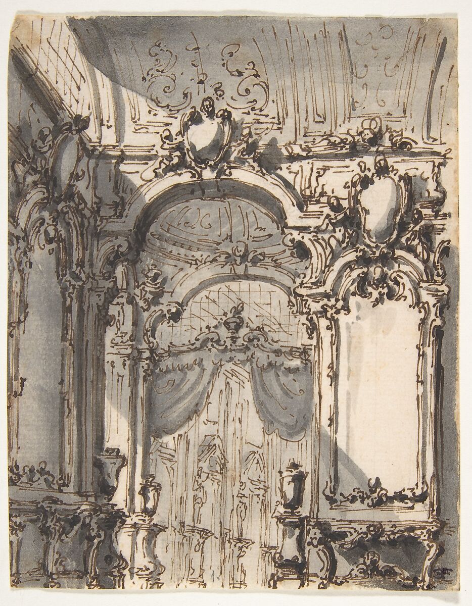 Design for a Stage Set:  Interior of a Palazzo Decorated with Large Mirrors and Console Tables, Giovanni Battista Natali III (Italian, Pontremoli, Tuscany 1698–1765 Naples), Pen and brown ink, brush with brown and gray wash 
