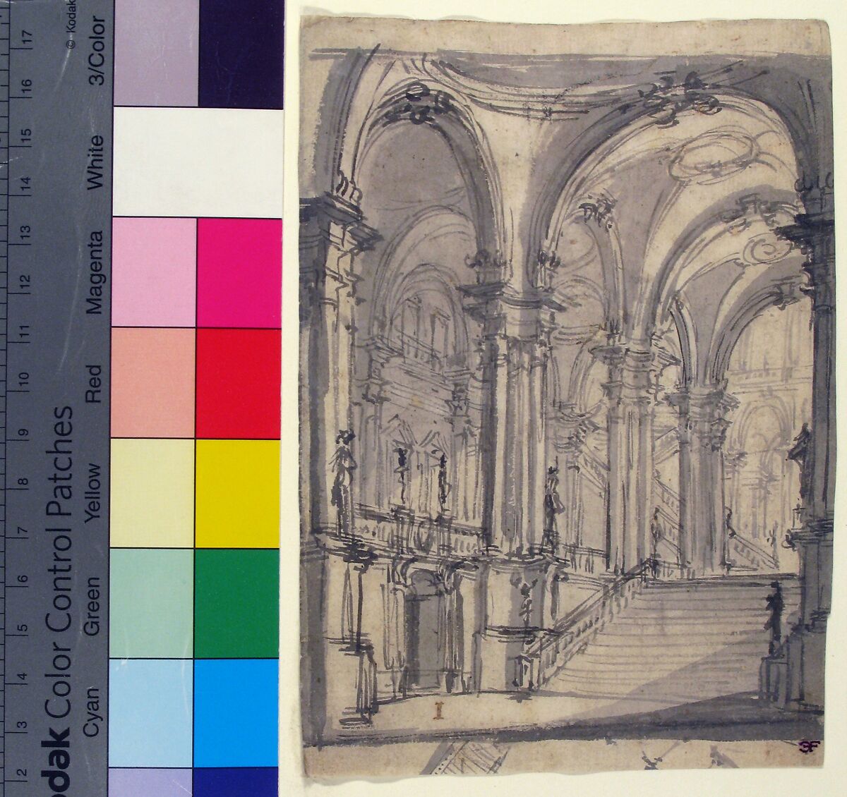 Design for a Stage Set: Groin-Vaulted Stairway Leading to a Gallery with Another Stairway to a Second Story at Left (recto); Slight Sketch Traced Through from the Recto and Reworked (verso), Giovanni Battista Natali III (Italian, Pontremoli, Tuscany 1698–1765 Naples), Pen and gray ink, brush with brown and gray wash (recto); graphite or black chalk (verso)