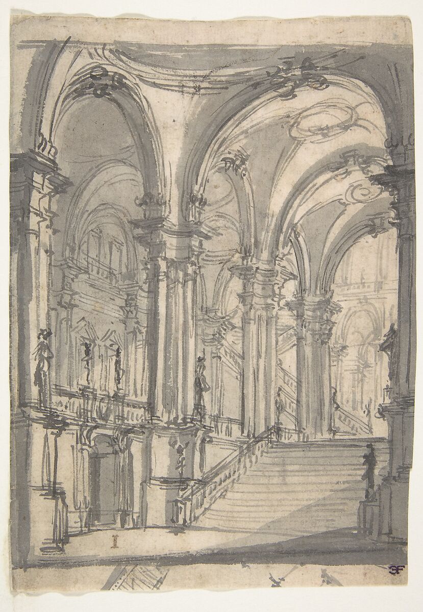 Design for a Stage Sets  Groin-vaulted Stairway Leading to a Gallery with Another Stairway to a Second Story at Left (recto); Slight Sketch Traced Through form the Recto and Reworked (verso)., Giovanni Battista Natali III (Italian, Pontremoli, Tuscany 1698–1765 Naples), Pen and gray ink, brush with brown and gray wash (recto); Graphite or black chalk (verso) 