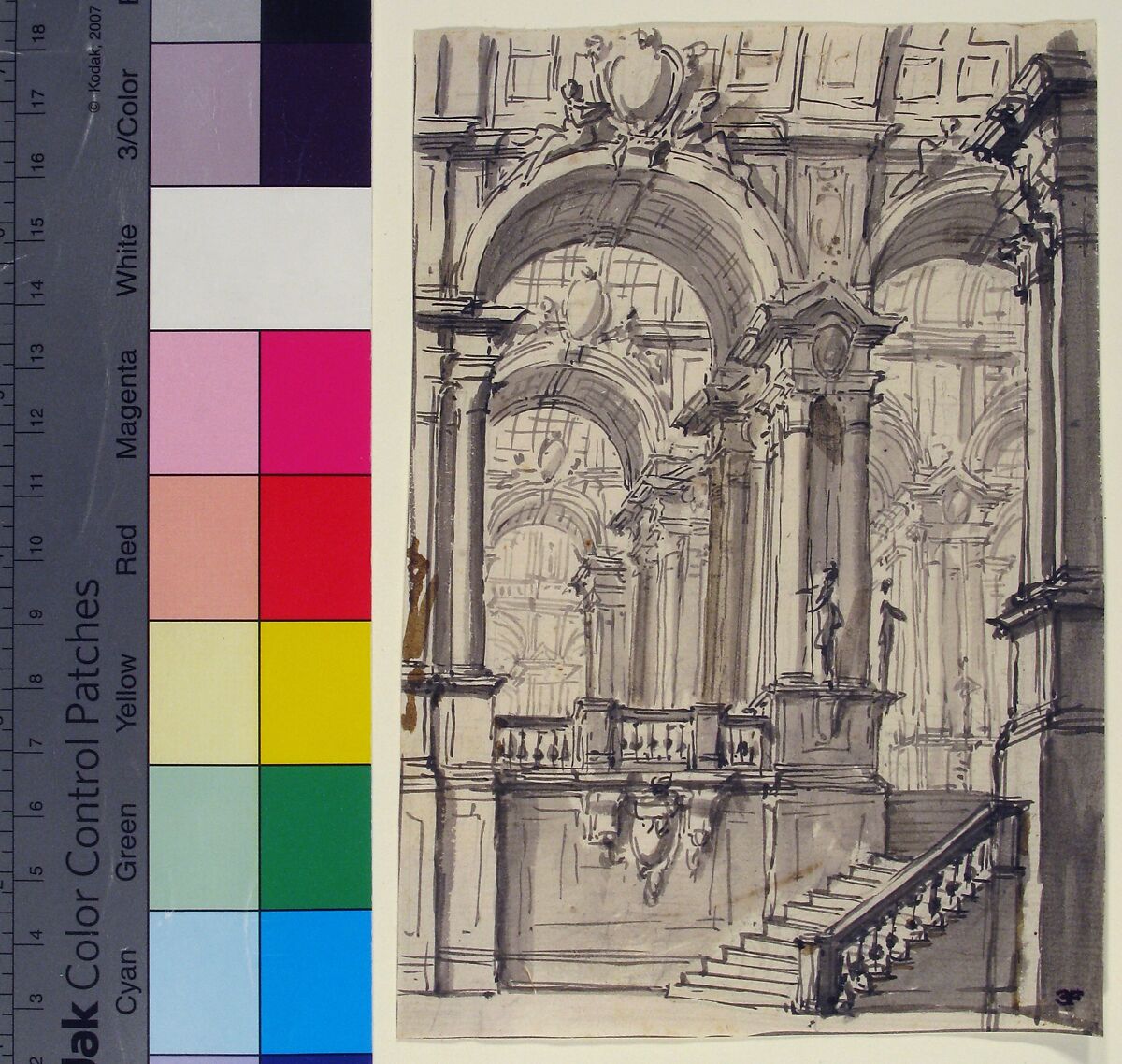 Design for a Stage Sets:  Anteroom with Stairs Leading to a Gallery Composed of a Series of Connected Barrel Vaults, Giovanni Battista Natali III (Italian, Pontremoli, Tuscany 1698–1765 Naples), Pen and gray ink, brush with brown and gray wash