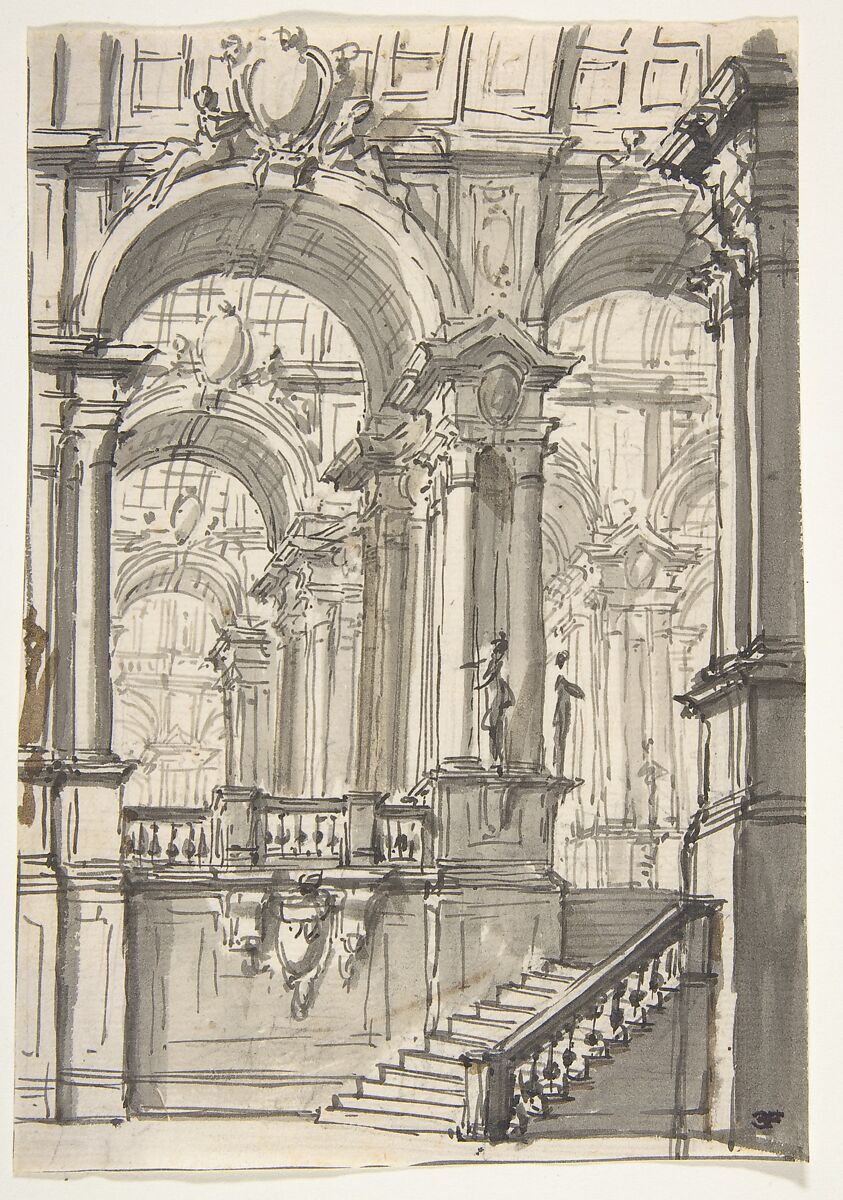 Design for a Stage Sets:  Anteroom with Stairs Leading to a Gallery Composed of a Series of Connected Barrel Vaults, Giovanni Battista Natali III (Italian, Pontremoli, Tuscany 1698–1765 Naples), Pen and gray ink, brush with brown and gray wash 