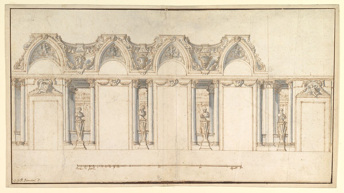 Design for the Decoration of a Palace Interior, Giovanni Paolo Panini (Italian, Piacenza 1691–1765 Rome), Pen and brown ink, brush and gray wash 
