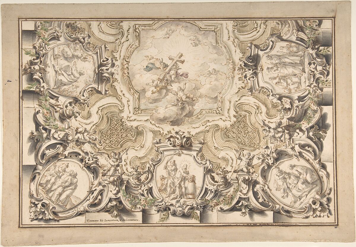 Design for a Church Ceiling, Vincenzo dal Rè (Italian, Parma 1700–1762 Naples), Pen and brown ink, brush and brown, gray, and colored was (red, blue and green), over traces of black chalk; Border in pen and brown ink 