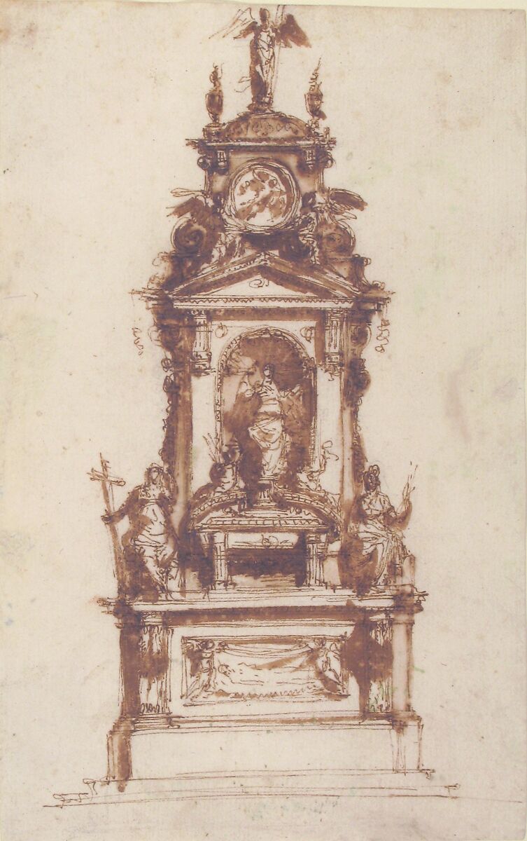 Design for an Altar Erected for the Holy Week, Mauro Antonio Tesi (Italian, Montalbano 1730–1766 Bologna), Pen and brown ink, brush and brown wash