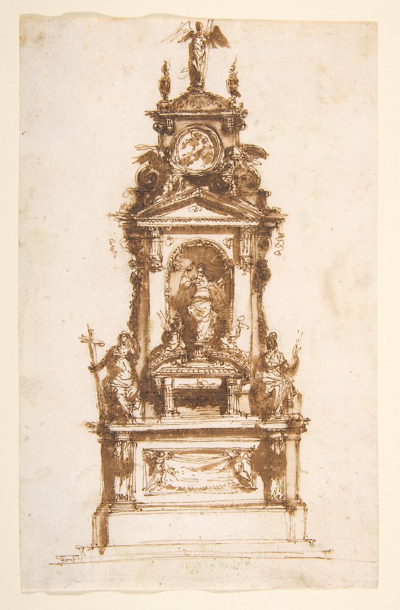 Design for an Altar Erected for the Holy Week, Mauro Antonio Tesi (Italian, Montalbano 1730–1766 Bologna), Pen and brown ink, brush and brown wash 