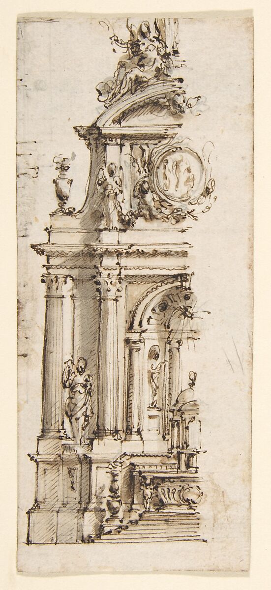 Design for the Left Half of an Altar, Mauro Antonio Tesi (Italian, Montalbano 1730–1766 Bologna), Pen and deep brown ink, brush and brown wash 