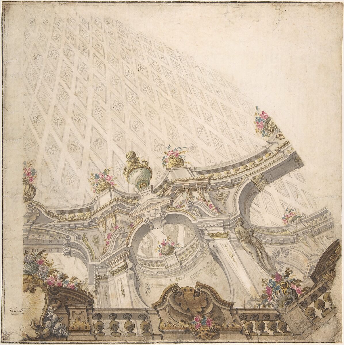 Design for a Cupola Decoration, Giovanni Antonio Torricelli (Italian, Lugano 1716–1781 North Italy), Pen and brown ink, brush and gray, brown and colored wash 