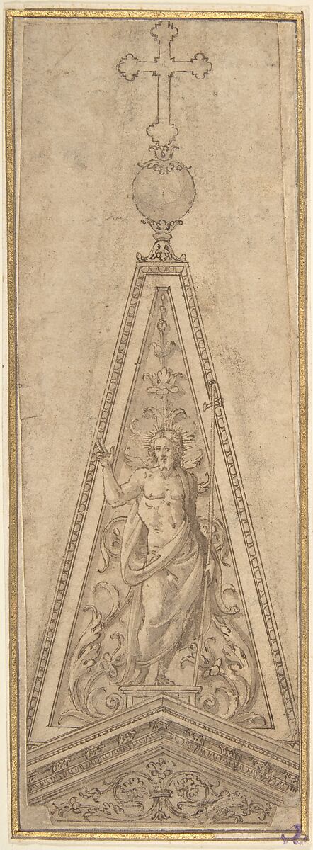 Design for Pediments with the Resurrected Christ surmounted by a Crucifix, Anonymous, Italian, 16th century, Pen and brown ink, brush and brown wash, traces of leadpoint underdrawing 