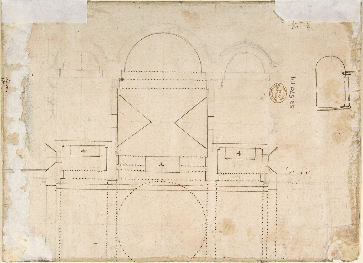Design for a Cartouche (recto); Fragments of the Plan of a Building (Church?) (verso), Anonymous, Italian, 16th century (Italian, active Central Italy, ca. 1550–1580), Pen and brown ink, brush and brown wash, over leadpoint