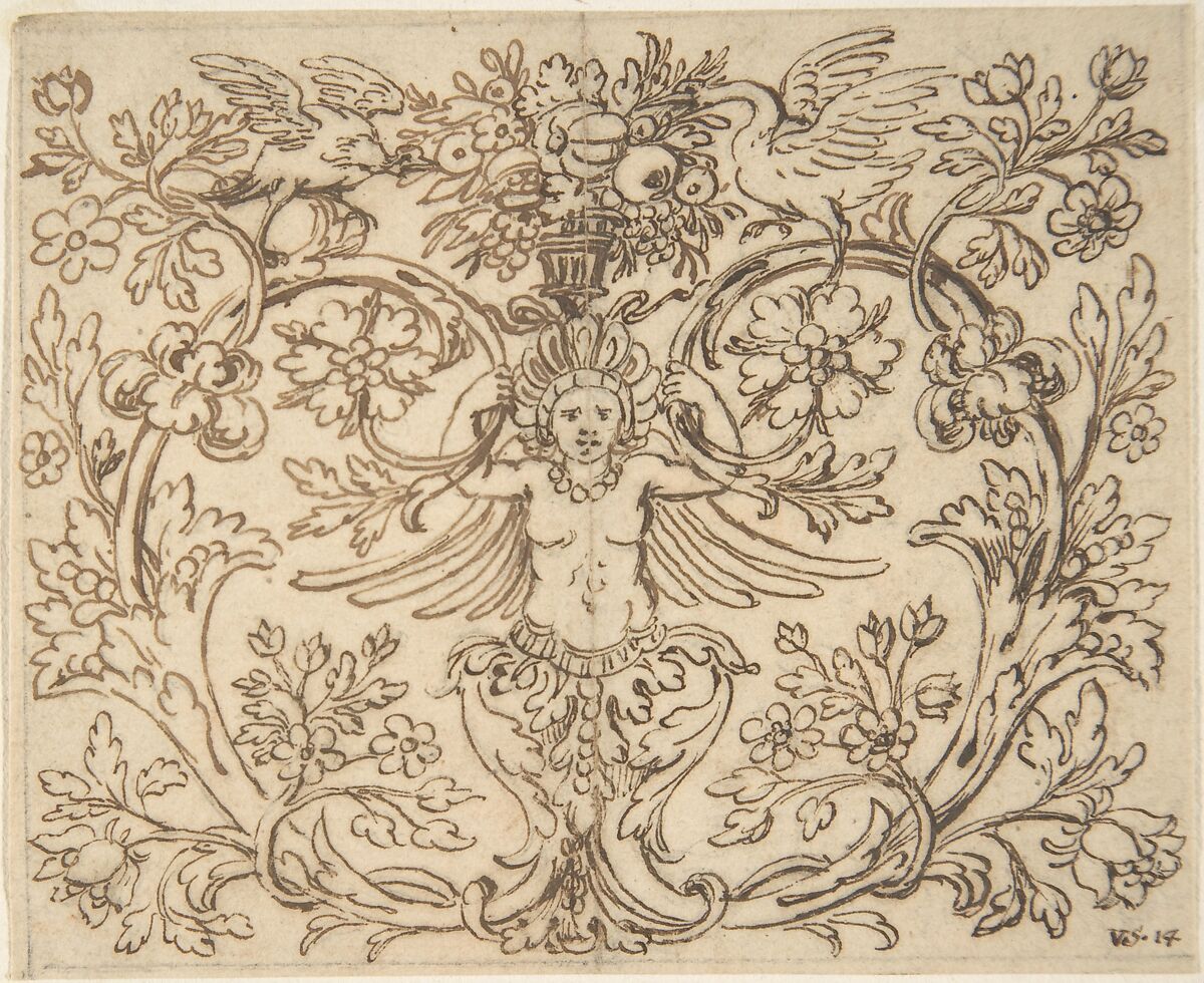 Design for a Decroative Panel with a Hybrid Figure from which Two Tendrils Emerge, Anonymous, Italian, 16th to 17th century, Pen with light and dark brown ink, over traces of black chalk, framed in black chalk 