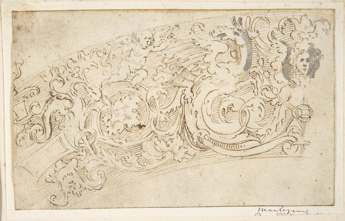 Part of a Circular Frieze with a Sphynx and a Putto with a Hybrid Creature, Anonymous, Italian, 16th to 17th century, Pen and brown ink, with isolated strokes of brush and gray wash 